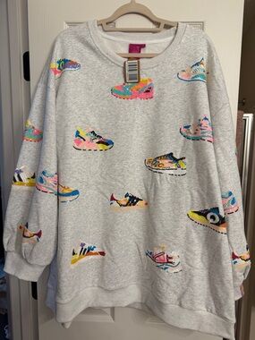 QUEEN OF SPARKLES Gray Sweatshirt with Multicolor Sneaker Embroidery